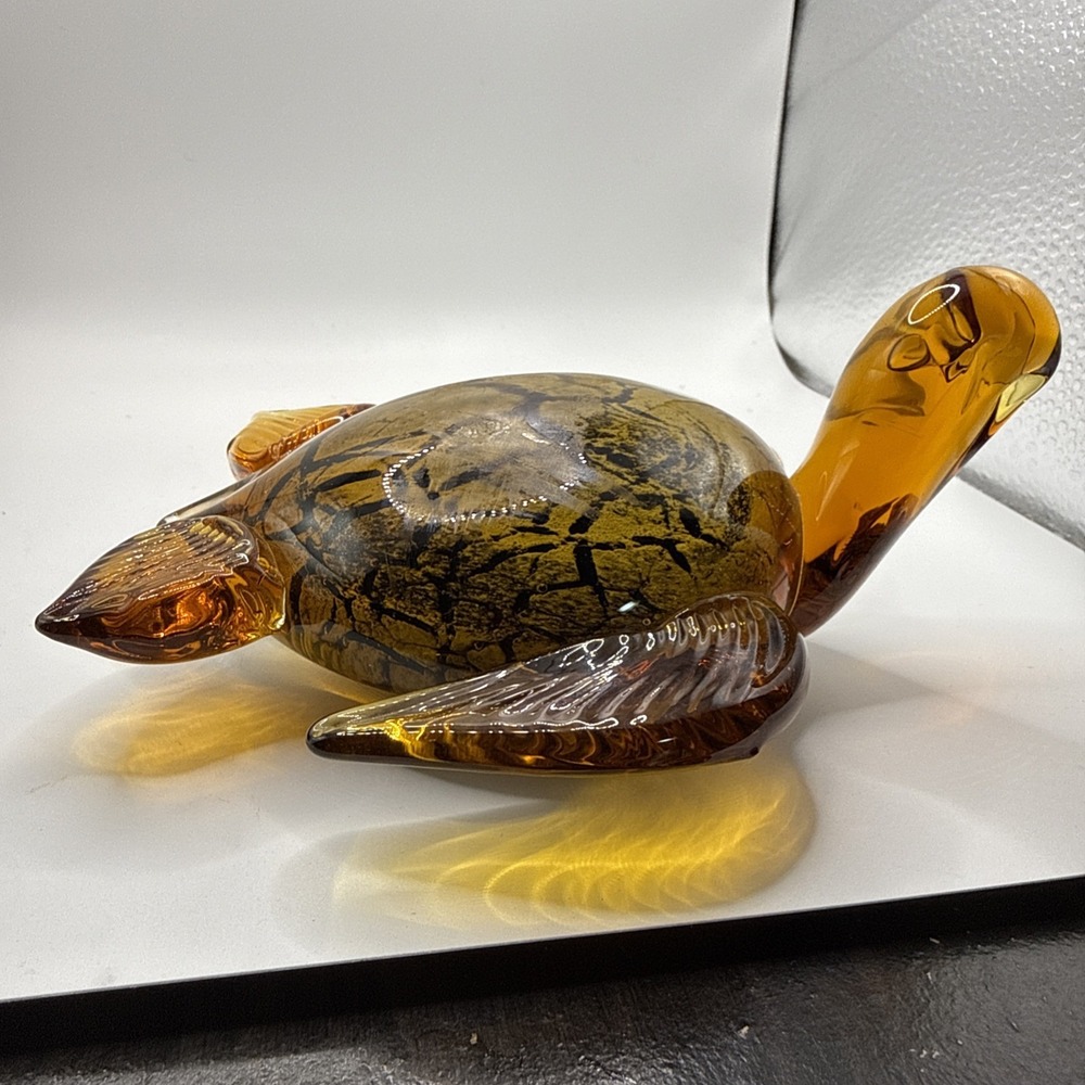 Vintage Murano Art Glass Marine Sea Turtle Gold Flake Amber Figurine